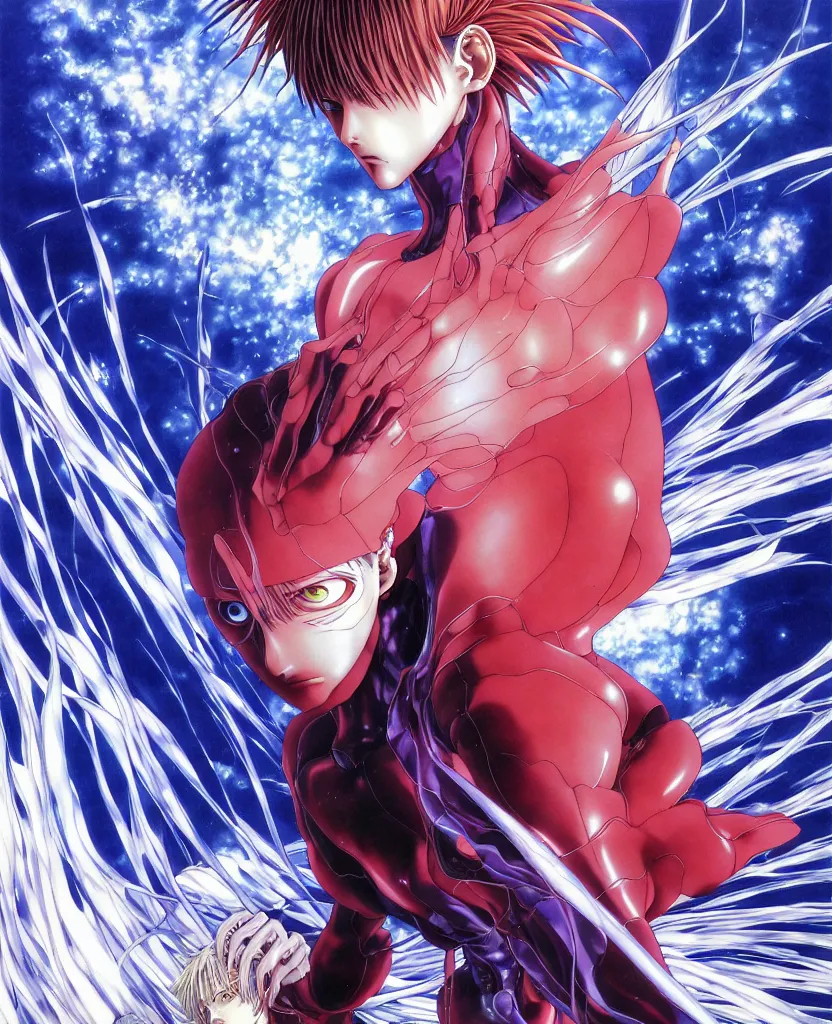 Image similar to symmetrical. realistic detailed image of third impact, realistic detailed male character, kaworu nagisa, depth perception, masterpiece, depth of field, action horror, gothic, vivid colors. art by yoshitaka amano, by yukito kishiro, by yoshiyuki sadamoto, by artgerm, by hajime sorayama