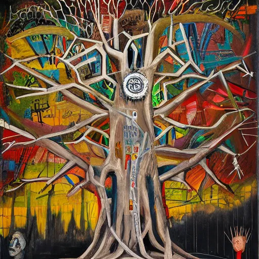 Image similar to foundation of conscience, tree of life, by emad and basquiat and macgyver, highly detailed, oil on canvas, featured on artstation