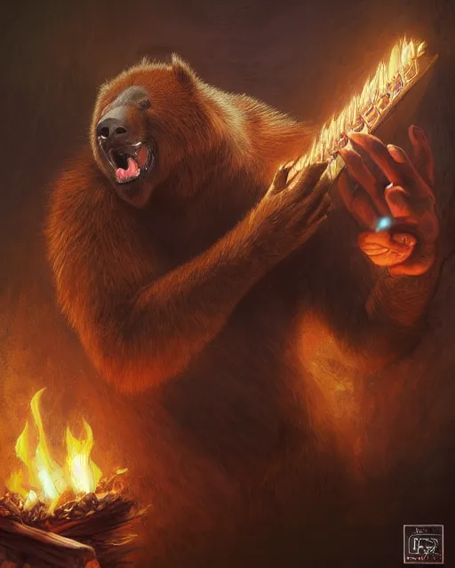 Prompt: Laughing Bear Musician, Fireplace, magic the gathering artwork, D&D, fantasy, cinematic lighting, centered, symmetrical, highly detailed, digital painting, artstation, concept art, smooth, sharp focus, illustration, volumetric lighting, epic Composition, 8k, art by Akihiko Yoshida and Greg Rutkowski and Craig Mullins, oil painting, cgsociety