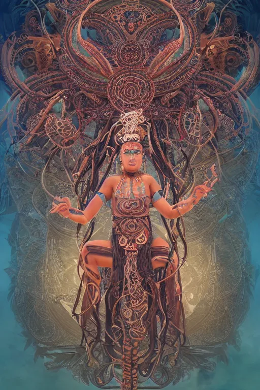 Prompt: an immaculate render of a dancing mayan goddess adorned with leaves and cables and bird wings parts, dancing in a temple surrounded by wild tentacles made from mandalas and incense smoke, full body, perfect face, powerful, cinematic, beautifully lit, by artgerm, by karol bak, 3 d, trending on artstation, octane render, 8 k