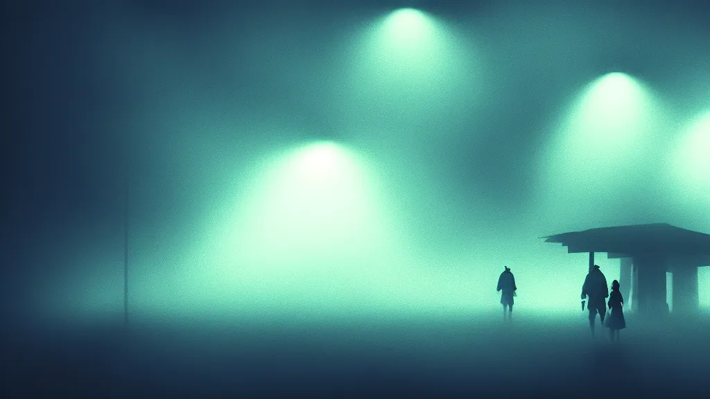 Image similar to the crowd flees the village, fog, volumetric lighting, mystique, atmospheric, blue and yellow, sharp focus, ultra detailed, noir art house, 4 k, cinematic, 3 5 mm