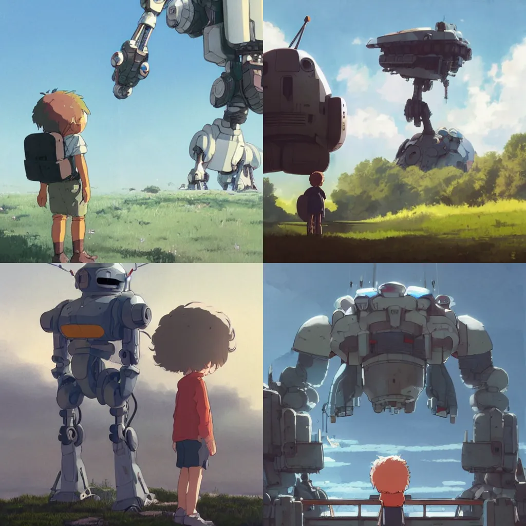 Prompt: a small kid staring up at a tall mech robot by Miyazaki, studio Ghibli, Greg Rutkowski + side by side