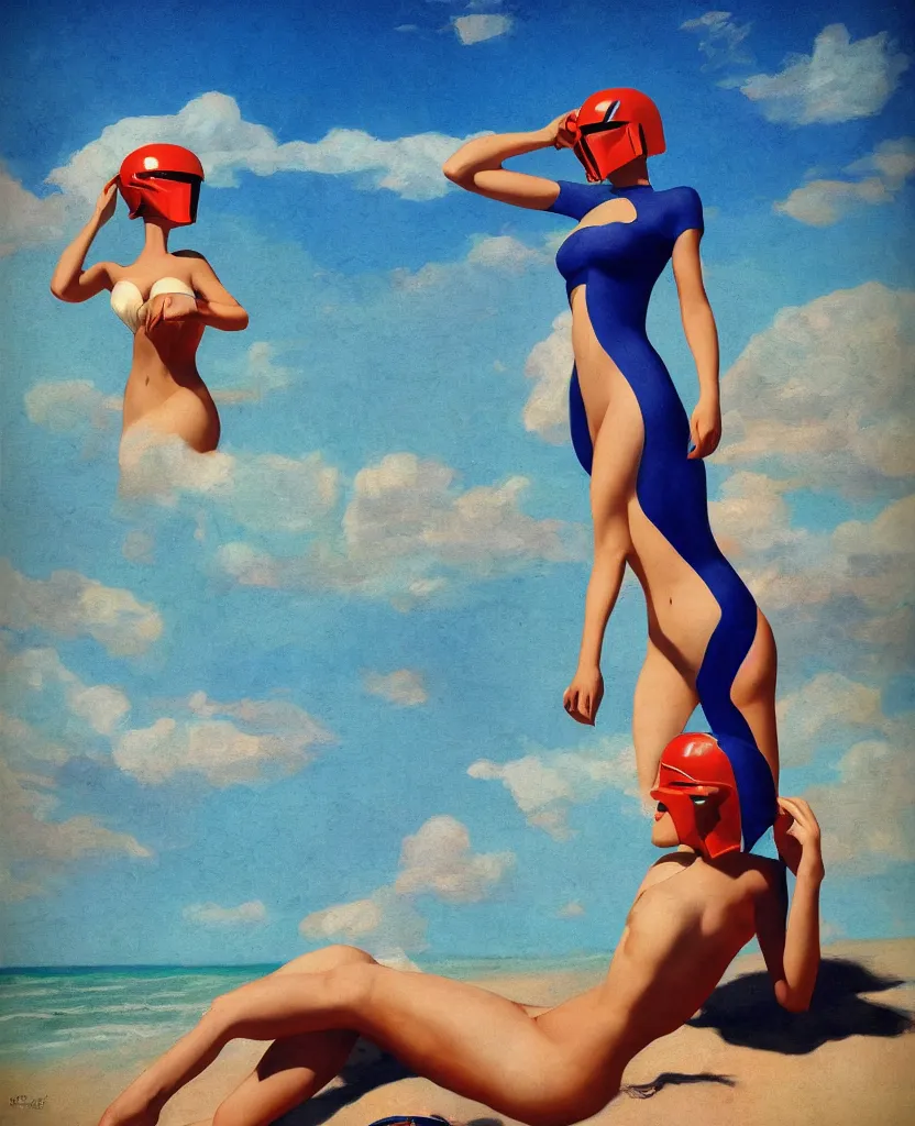 Prompt: pulp art, gil elvgren, 3d octane blender render. person relaxing on scenic beach wearing mandalorian helmet, blue sky, swimsuit.