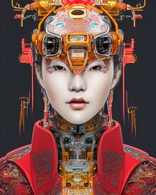 Image similar to portrait of a cyberpunk machine, machine face, upper half portrait, decorated with chinese opera motifs, asian, fine china, traditional chinese art, intricate, elegant, highly detailed, symmetry, headpiece, digital painting, artstation, concept art, smooth, sharp focus, illustration, art by artgerm and greg rutkowski and alphonse mucha, 8 k