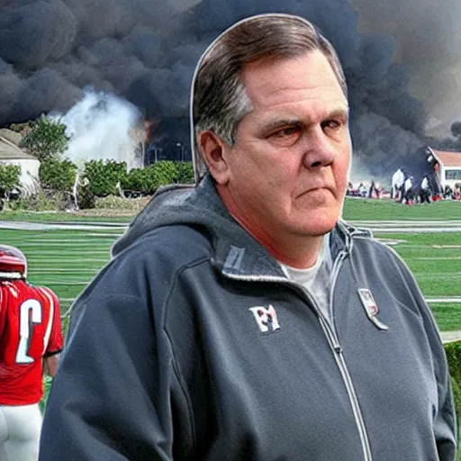 Prompt: a photo of a house burning down in the background and coach belichick with an blank expression in the foreground, strong depth of field