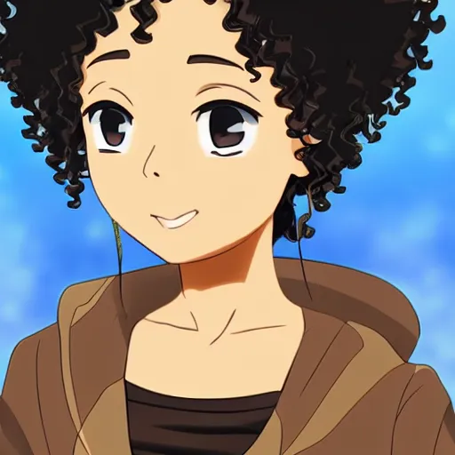 Image similar to A brown skinned woman with curly black hair as an anime character