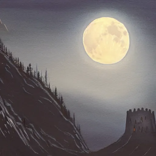 Image similar to highly detailed, silhouette of a castle on misty mountains, beautiful, calm, full moon, gouache painting