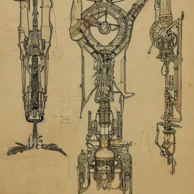 Image similar to detailed, intricate technical drawings on parchment from 1 8 4 0, with labels and notes, for a beautiful, symmetric, art nouveau robotic arm holding a paintbrush, by ron cobb and alphonse mucha