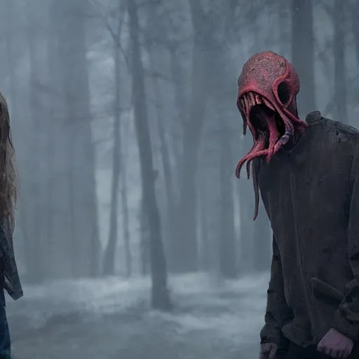 Image similar to a mind flayer chasing a teen in a horror TV series