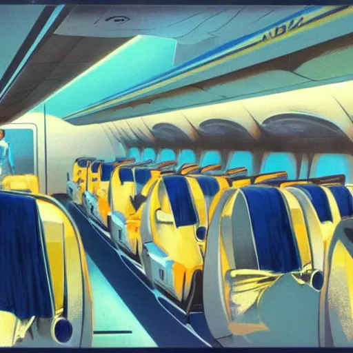 Prompt: full - color concept - art by syd mead of a the interior of an elite luxury supersonic commercial passenger airliner with beautiful flight - attendants and in - flight entertainment. retrofuturism, near - future science - fiction.