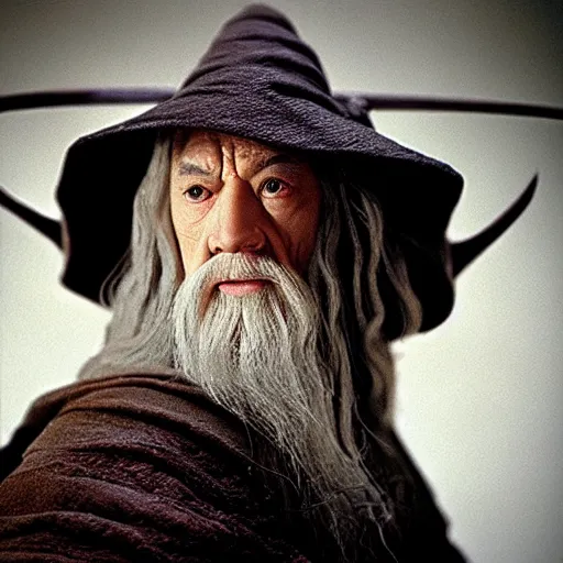 Image similar to a still from “ lord of the rings ” of a head and shoulders portrait of gandalf played by fei lung, photo by phil noto