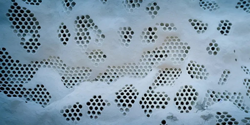 Image similar to real white honeycomb organic building, film still from the movie directed by denis villeneuve aesthetic with art direction by zdzisław beksinski, telephoto lens, shallow depth of field