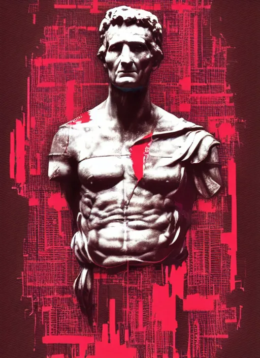 Image similar to design poster showing a statue of julius caesar, black background with very subtle red and purple design elements, powerful, nekro, vito acconci, graphic design, collage art, thin lines, dark, glitch art, neo vaporwave, gritty, layout frame, square, trending on artstation