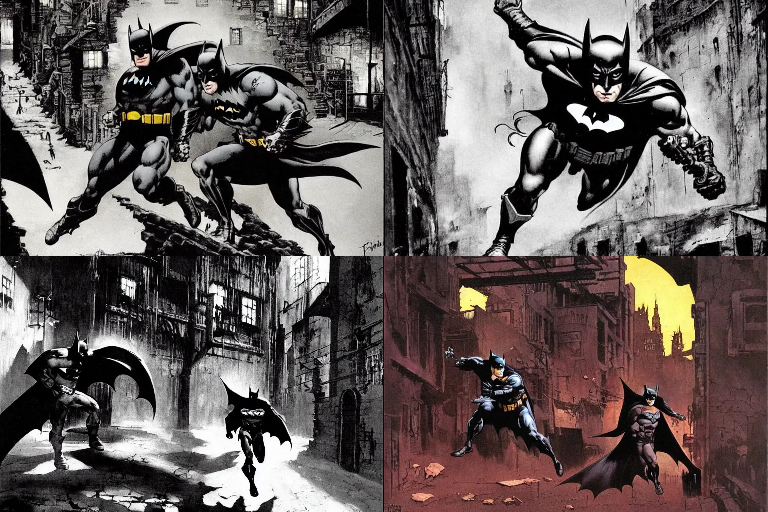Prompt: Batman running in dark alley by Frank Frazetta, dramatic shot