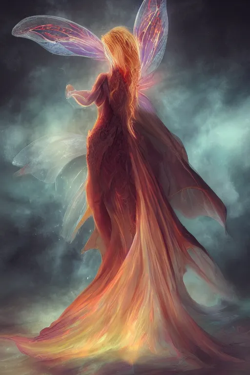 Prompt: Backview of the Flame Fairy Goddess in an Arcane Dress, atmospheric, volumetric lighting, realistic, illustration, fantasy, magic, arcane energy, ultra detailed