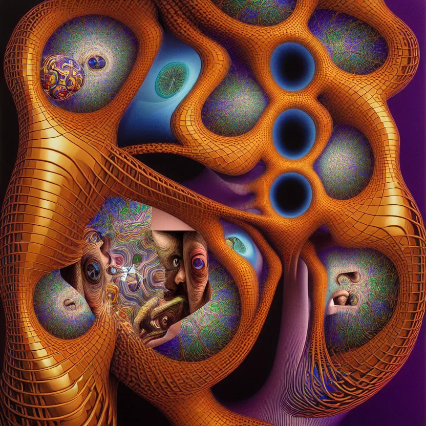 Prompt: 3 d render of infinite fractals of consciousness, recursion, face, surreal, by salvador dali and mc escher and alex grey, oil on canvas, hd, dreams, intricate details, warm colors, octane render
