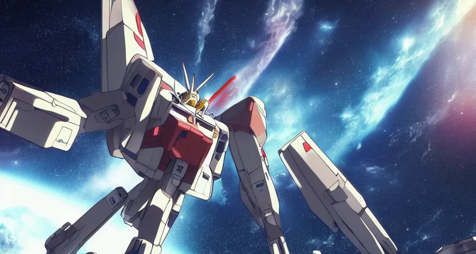 Prompt: RX-78-2 in the science fiction anime series gundam by makoto shinkai, flying through space, beautiful, interstellar, cinematic, shooting star, gundam