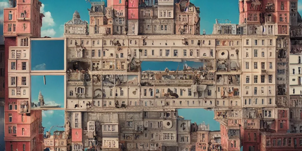 Image similar to a very high resolution image from a new movie, upside - down building, mirror, beautiful scenery, photorealistic, photography, directed by wes anderson