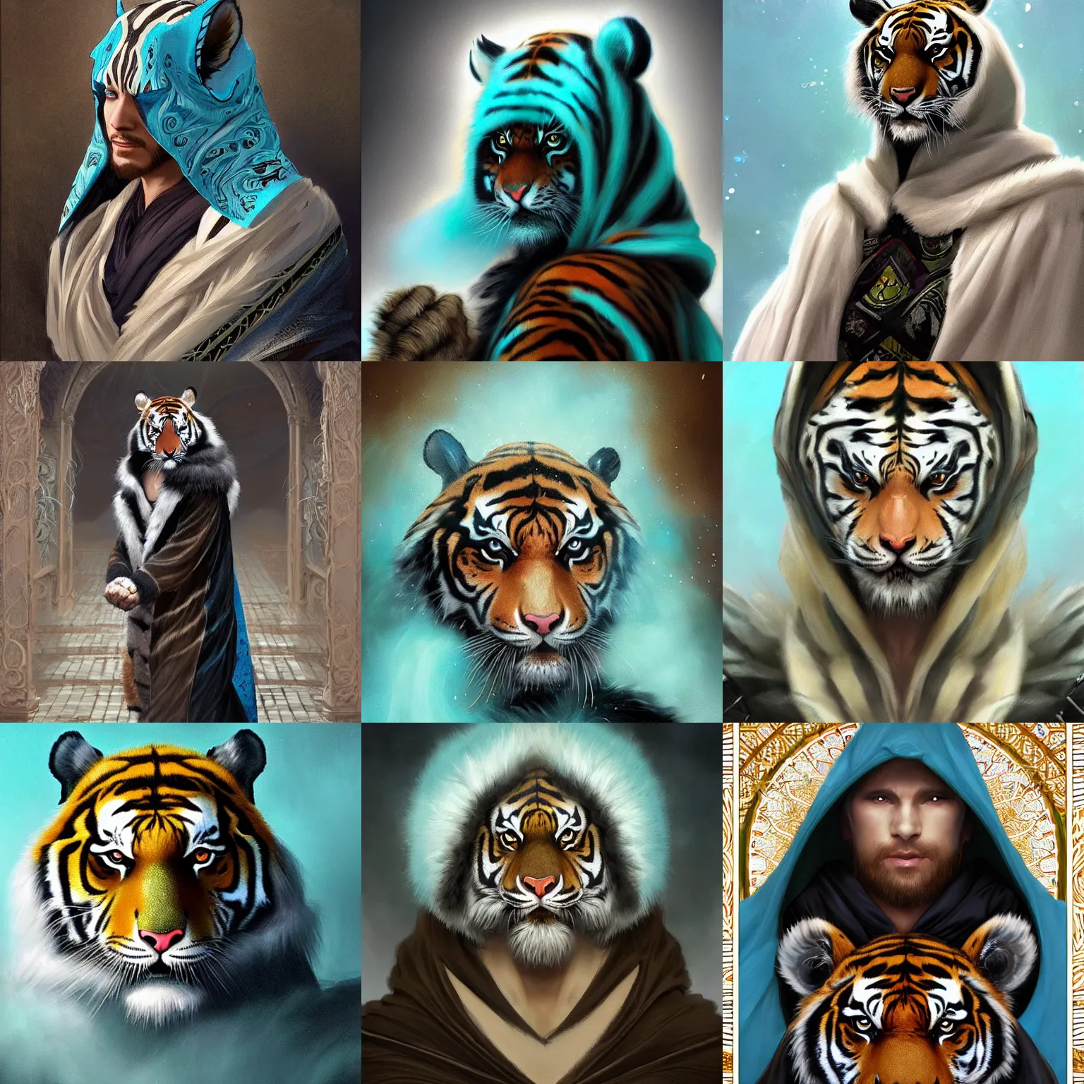 Prompt: A beautiful digital painting of a tiger man with white and black fur, in a turquoise cloak with a wide hood, sorcerer, D&D, fantasy, intricate, cinematic lighting, highly detailed, digital painting, Artstation, concept art, smooth, sharp focus, illustration, art by Artgerm and Greg Rutkowski, Alphonse Mucha and charlie bowater