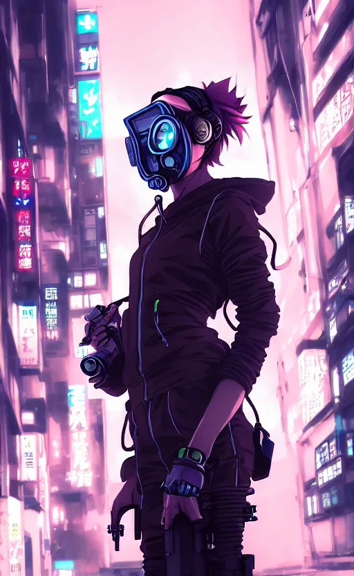 Image similar to cyberpunk anime girl in hoodie, cyberpunk gas mask, 3 / 4 shot, street night, grafity, beautiful face, grafity, arcane, action, tokyo street, detail, good face, pose model, concept art, in style of yoji shinkawa, pan ren wei, col price, atey ghailan, by greg rutkowski, aesthetic