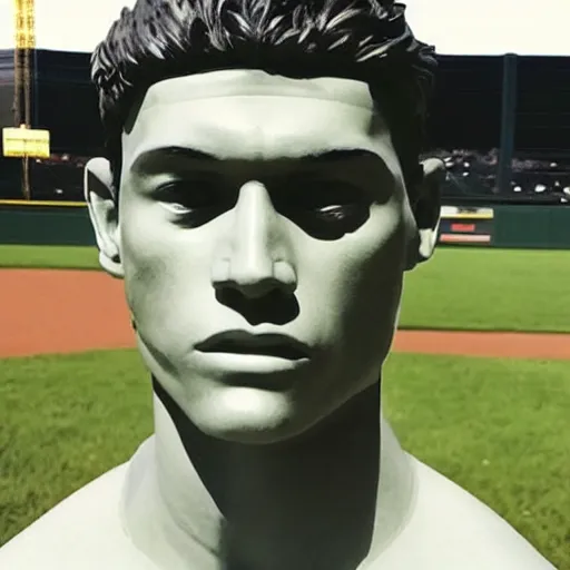 Image similar to “a realistic detailed photo of a guy who is an attractive humanoid who is half robot and half humanoid, who is a male android, baseball player Aaron Judge, shiny skin, posing like a statue, blank stare”