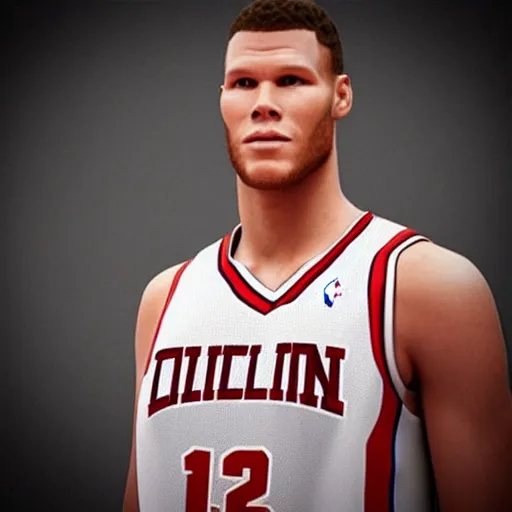 Image similar to “a realistic detailed photo of a guy who is an attractive humanoid who is half robot and half humanoid, who is a male android, basketball player Blake Griffin, shiny skin, posing like a statue, blank stare”