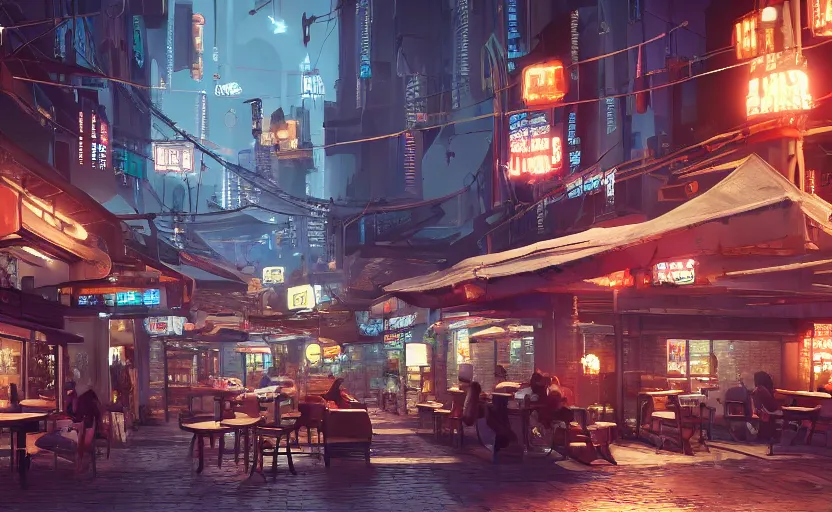 Image similar to a cozy relaxed cafe, looking out at the bustling underbelly of a thriving cyberpunk city at night, trending on cgsociety, unreal engine, 4 k wallpaper