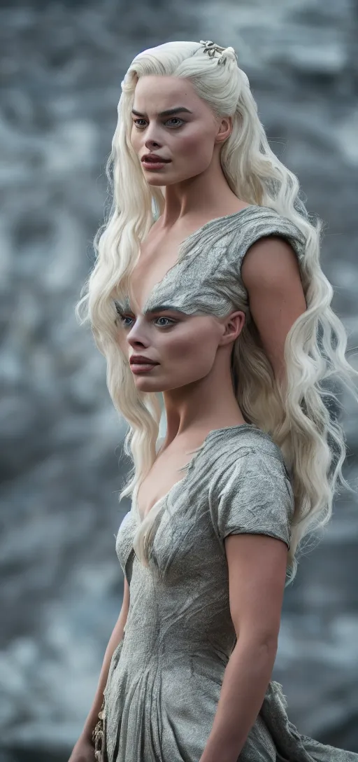Prompt: Margot Robbie as Daenerys Targaryen, XF IQ4, 150MP, 50mm, F1.4, ISO 200, 1/160s, natural light