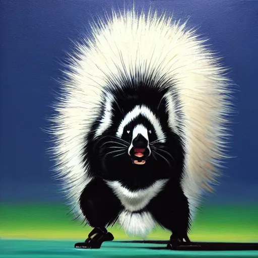 Image similar to skunk with shades walking from an explosion, front view, professional oil painting, highly detailed