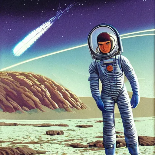 Image similar to a portrait of pilot stallone in spacesuit on field forrest spaceship station landing laying lake artillery outer worlds in FANTASTIC PLANET La planète sauvage animation by René Laloux