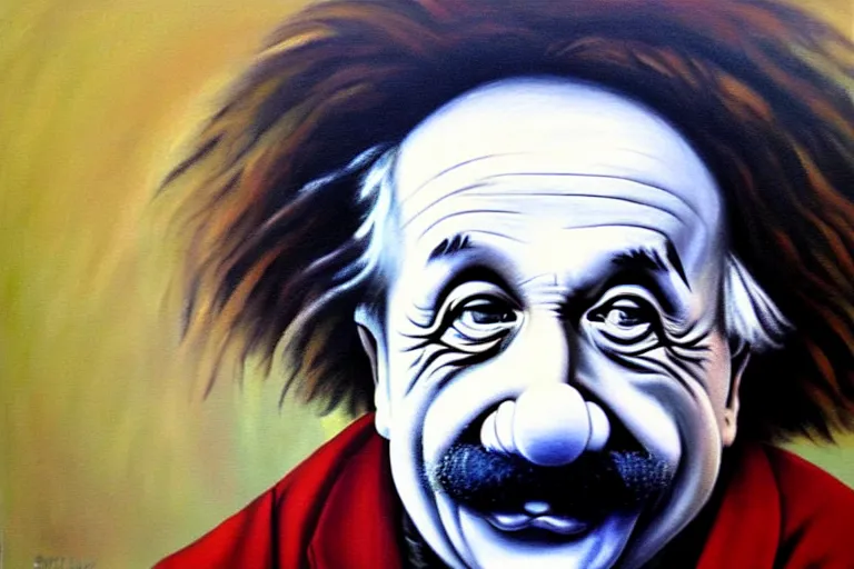 Image similar to Einstein as a clean-shaven sad hobo clown. head shot portrait. oil painting by emmett kelly.