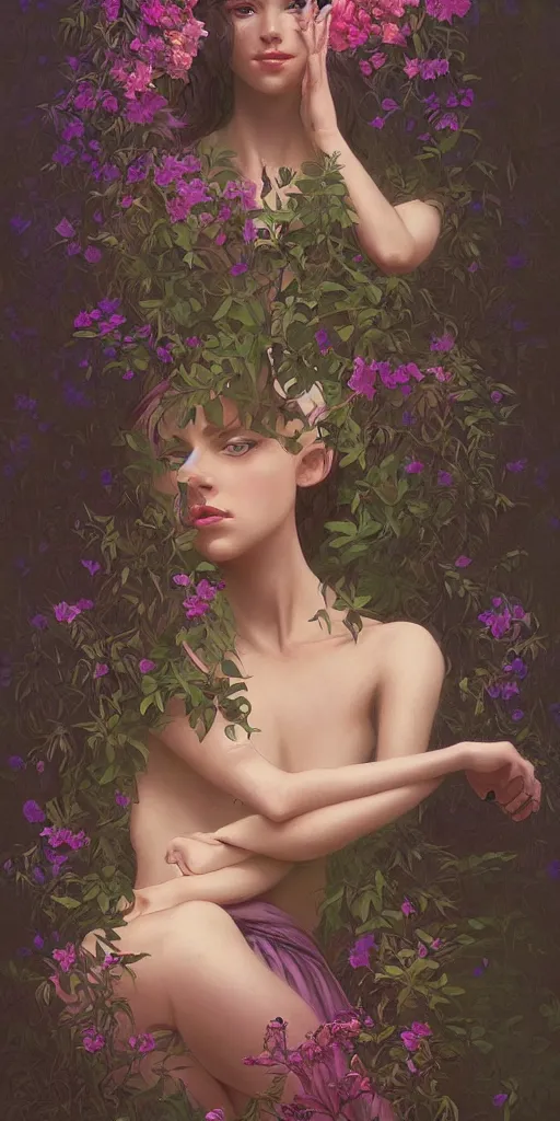 Image similar to surreal beautiful young woman, sitting with flowers, detailed gorgeous face turning into a tree, leaves, dark, ominous, sad eyes, vaporwave aesthetic, synthwave , digital painting, artstation, concept art, smooth, sharp focus, illustration, art by artgerm and greg rutkowski and alphonse mucha