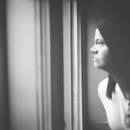 Image similar to black and white photograph portrait of a depressed 35 years old woman standing by the window, natural light, lomo, film grain, soft vignette, sigma 85mm f/1.4 1/10 sec shutter