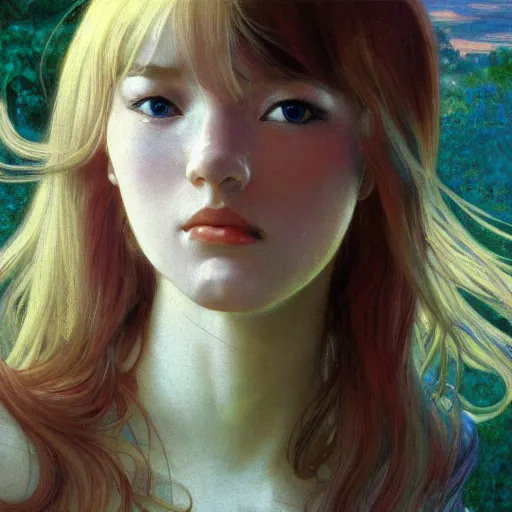 Image similar to A young woman with blonde long hair and bangs in shorts and white shirt drawn by Donato Giancola and Makoto Shinkai, frank frazetta, Alphonse Mucha, background by James Jean and Gustav Klimt, 4k, porcelain skin, volumetric lighting, french nouveau, trending on artstation, octane render, hyperrealistic