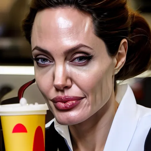 Image similar to Angelina Jolie working as a McDonalds cashier, macro, wide shot, dramatic, HD