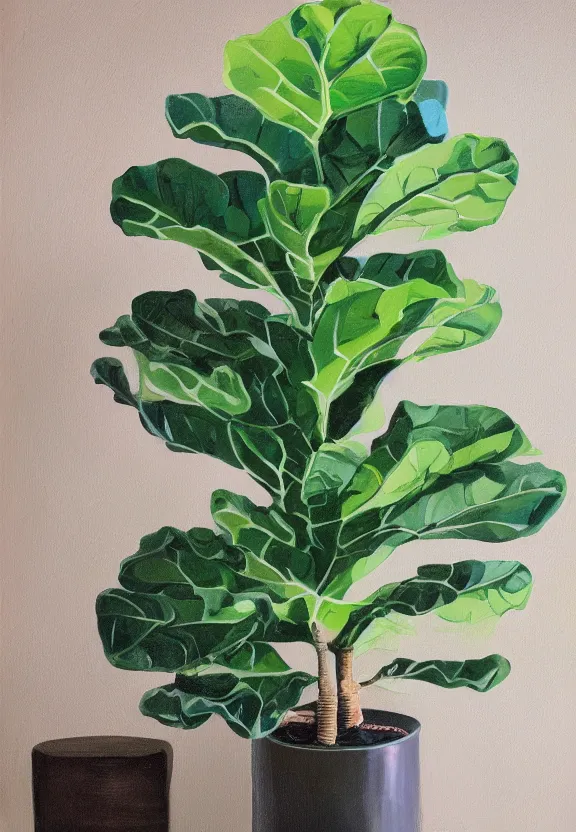 Prompt: wide - angle painting of a fiddle leaf fig, light room with sharp colors, highly detailed, beaultiful