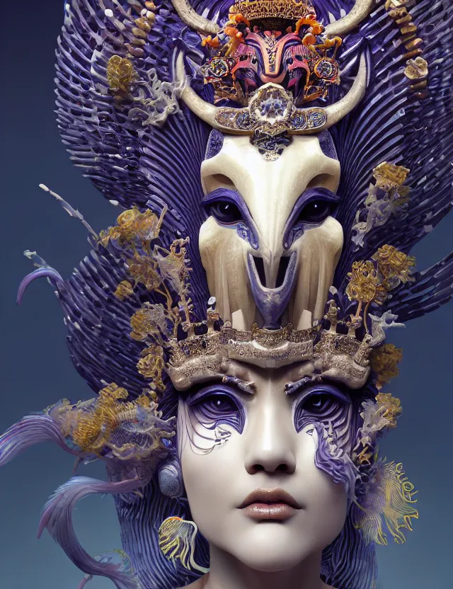 Image similar to 3 d goddess close - up profile portrait with crown, ram skull. beautiful intricately detailed tribal japanese crow kitsune mask and clasical japanese kimono. betta fish, jellyfish phoenix, bio luminescent, plasma, ice, water, wind, creature, artwork by tooth wu and wlop and beeple and greg rutkowski