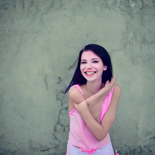 Prompt: Very beautiful girl with pink caret, photography, smiling