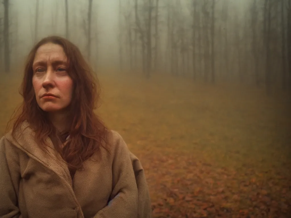 Image similar to close up portrait bust of woman, solemn expression, faded color film, russian cinema, tarkovsky, kodachrome, heavy forest, wood cabin in distance, long brown hair, old clothing, heavy fog, atmospheric haze, brown color palette, sunset, low light, hudson river school, 4 k, dramatic lighting