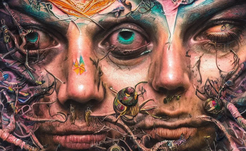 Image similar to hyperrealistic hyper detailed neo-surreal close-up 35mm portrait of levitating psychedelic shaman covered in geometric tattoos rococo matte painting concept art high saturation very dramatic lighting low angle hd 8k sharp shallow depth of field