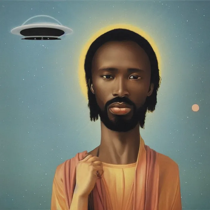 Image similar to UFO hovering over an African Jesus ,painting by Hsiao-Ron Cheng,