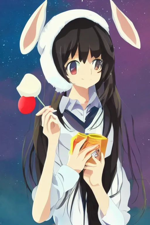 Prompt: Cute anime girl with bunny hat in the style of Makoto Shinkai, Kazuo Oga and Clamp