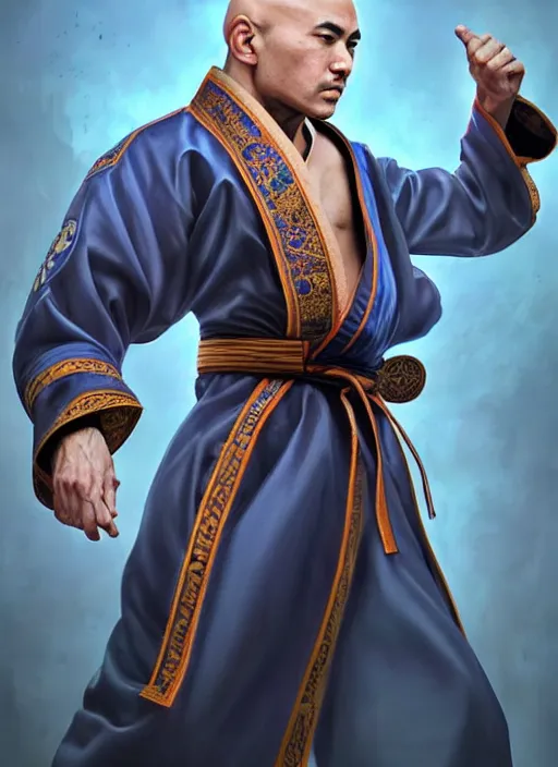 Image similar to bald male martial artist with a ponytail at the top of his head!!! asian facial features and blue eyes!! intricate ornate blue robes!! character concept art, sharp focus, octane render! unreal engine 5! highly rendered!! trending on artstation!! detailed linework!! illustration by artgerm, wlop, and chie yoshii