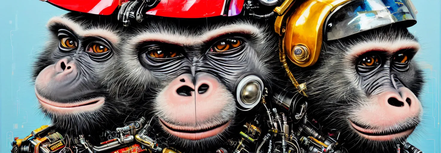 Prompt: a portrait of four realistic anthropomorphic cyberpunk monkey wearing a crash helmet by sandra chevrier, by jon foster, detailed render, cymbals, epic composition, cybernetics, 4 k realistic, tape deck, cryengine, realistic shaded lighting, sharp focus, masterpiece, by enki bilal