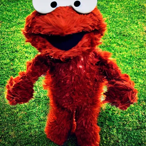 Prompt: a brown fluffy elmo muppet with big soft rabbit ears in a karate uniform out in nature, photography, photorealistic, muppet, national geohraphic, sesame street, puppet muppets