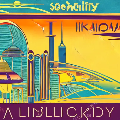 Prompt: advert for travelling to a solarpunk city in 70s art deco style