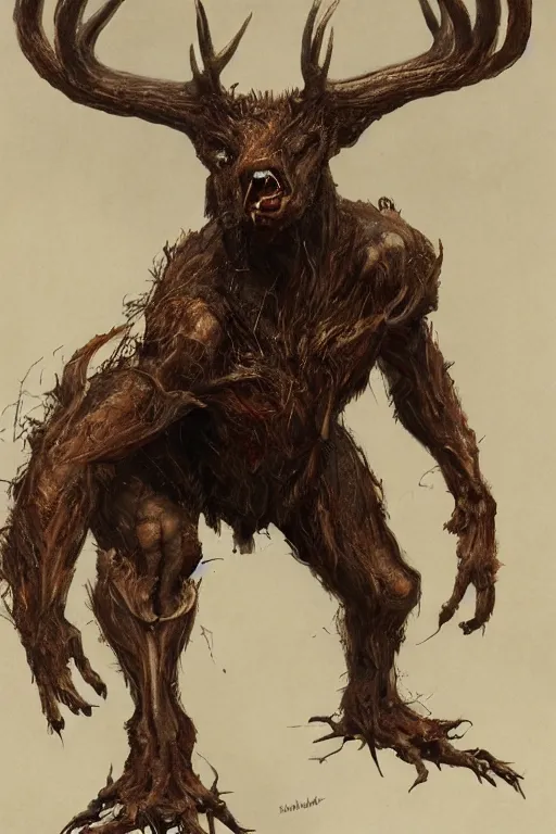 Prompt: anthropomorphic humanoid crouching deer monster in a dark burning forest, horror, highly detailed, crouching humanoid, human-like, whole body, by Greg Rutkowski, trending on artstation, 4k