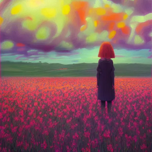 Prompt: woman with big flower face, standing in flower field, surreal photography, sunrise dramatic light, impressionistic painting, colorful clouds, artstation, dali, simon stalenhag