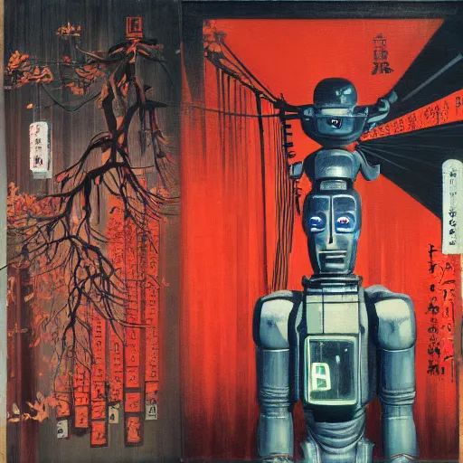 Prompt: a fully wired neon robot at fushimi inari taisha, oil on canvas hanafuda by dave mckean, ivan shishkin and james jean