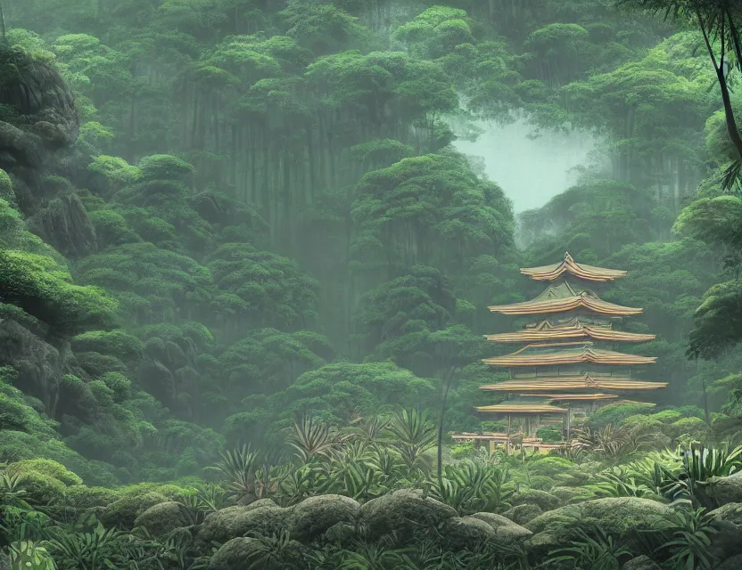 Image similar to a cinematic widescreen photo of ancient japanese temples in a misty bamboo cloud forest on a mountain by studio ghibli by roger dean, photorealistic, 7 0 mm, concept art